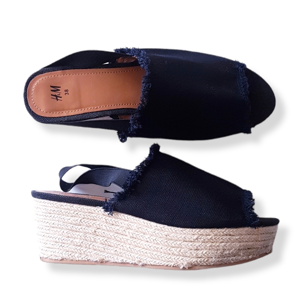H&M Black Canvas Elasticated Slingback Espadrille Wedges